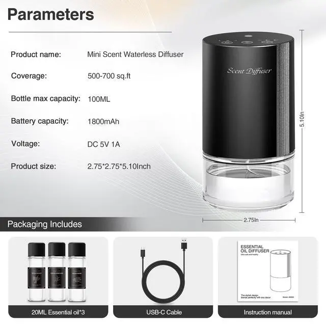 Alt view image 6 of 7 - Waterless Essential Oil Diffuser Stater Kit - Included 3x20mL Essential Oils, Battery Operated, Cold Air Scent Diffuser for Home, Car, Office, Portable Diffuser with 7-Color Light, 100mL, Black