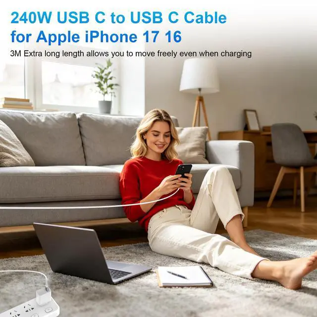 Alt view image 3 of 7 - USB C Cable 10FT 240W Fast Charging,Right Angle USB C to USB C Cable 3M Long TypeC Braided Data Cord for iPhone 17 16 Pro Max 15/iPad Pro 11th/MacBook/Samsung S26 S25 S24 A16 A17/Game Controller,White
