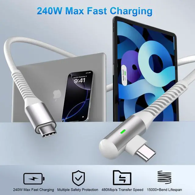 Alt view image 2 of 7 - USB C Cable 10FT 240W Fast Charging,Right Angle USB C to USB C Cable 3M Long TypeC Braided Data Cord for iPhone 17 16 Pro Max 15/iPad Pro 11th/MacBook/Samsung S26 S25 S24 A16 A17/Game Controller,White