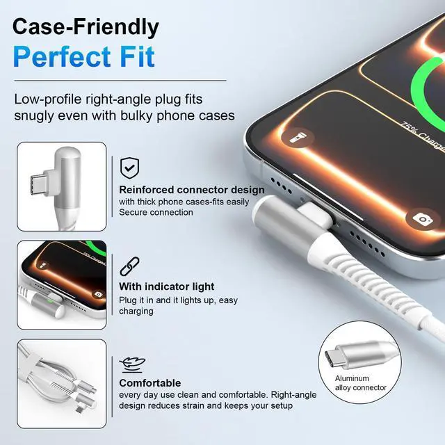 Alt view image 4 of 7 - USB C Cable 10FT 240W Fast Charging,Right Angle USB C to USB C Cable 3M Long TypeC Braided Data Cord for iPhone 17 16 Pro Max 15/iPad Pro 11th/MacBook/Samsung S26 S25 S24 A16 A17/Game Controller,White