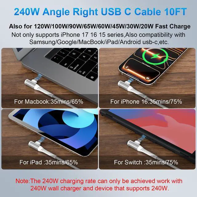Alt view image 5 of 7 - USB C Cable 10FT 240W Fast Charging,Right Angle USB C to USB C Cable 3M Long TypeC Braided Data Cord for iPhone 17 16 Pro Max 15/iPad Pro 11th/MacBook/Samsung S26 S25 S24 A16 A17/Game Controller,White