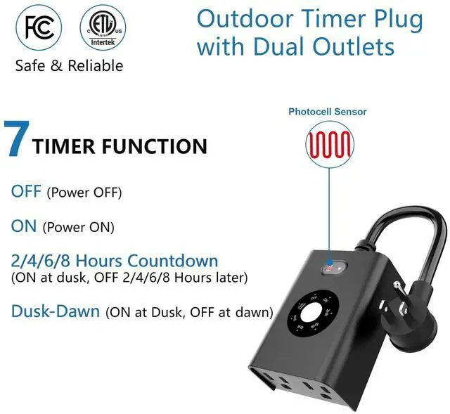 Alt view image 2 of 7 - Outdoor Sensor Timer for LightsDusk to Dawn, Waterproof with 2 Grounded Outlets, Weatherproof Countdown 7 Modes for Garden, Courtyard and Home Holiday