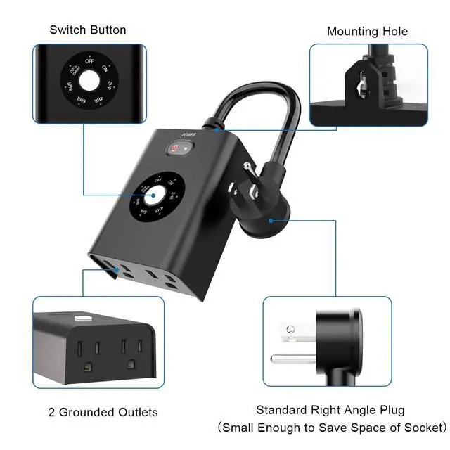 Alt view image 5 of 7 - Outdoor Sensor Timer for LightsDusk to Dawn, Waterproof with 2 Grounded Outlets, Weatherproof Countdown 7 Modes for Garden, Courtyard and Home Holiday
