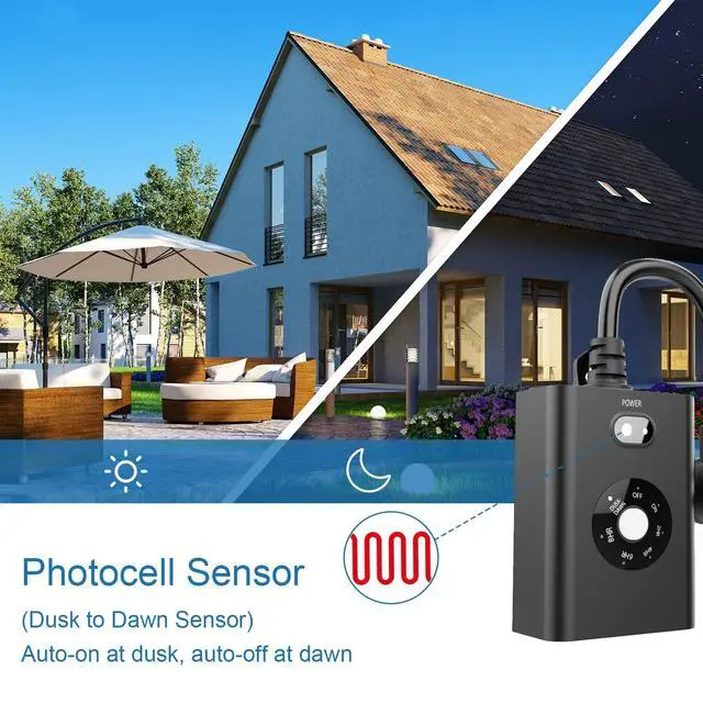 Alt view image 4 of 7 - Outdoor Sensor Timer for LightsDusk to Dawn, Waterproof with 2 Grounded Outlets, Weatherproof Countdown 7 Modes for Garden, Courtyard and Home Holiday