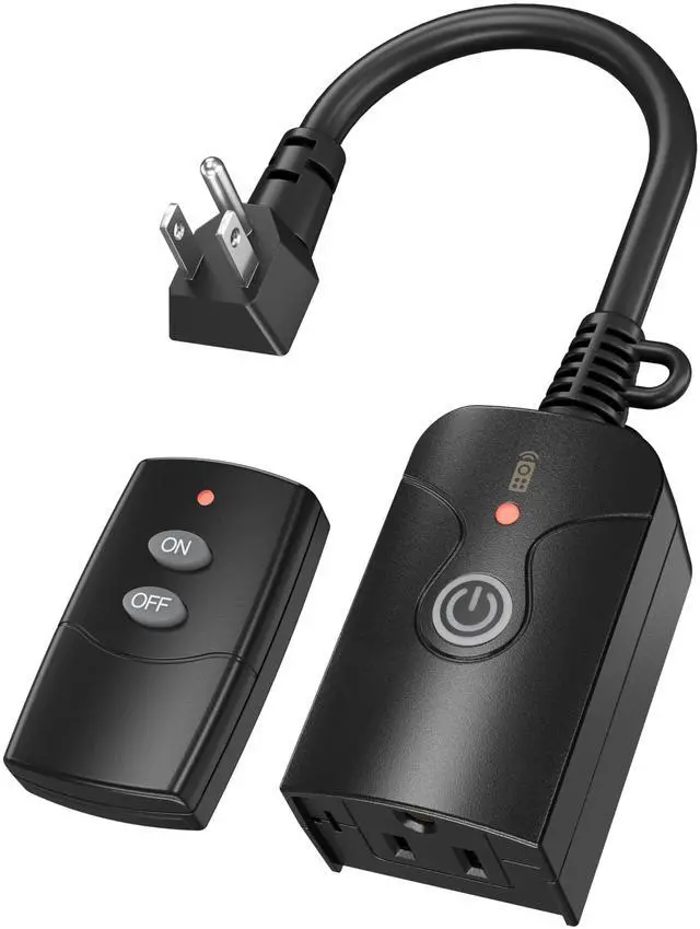 Main image of Outdoor Indoor Wireless Remote Control 3-Prong Outlet Weatherproof Heavy Duty 15 A Compact 1 Remote 1 Outlet with Remote 6-inch Cord 100ft Range ETL Listed (Battery Included)