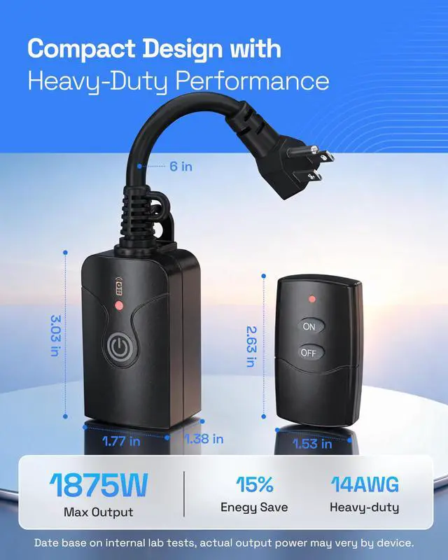 Alt view image 6 of 7 - Outdoor Indoor Wireless Remote Control 3-Prong Outlet Weatherproof Heavy Duty 15 A Compact 1 Remote 1 Outlet with Remote 6-inch Cord 100ft Range ETL Listed (Battery Included)