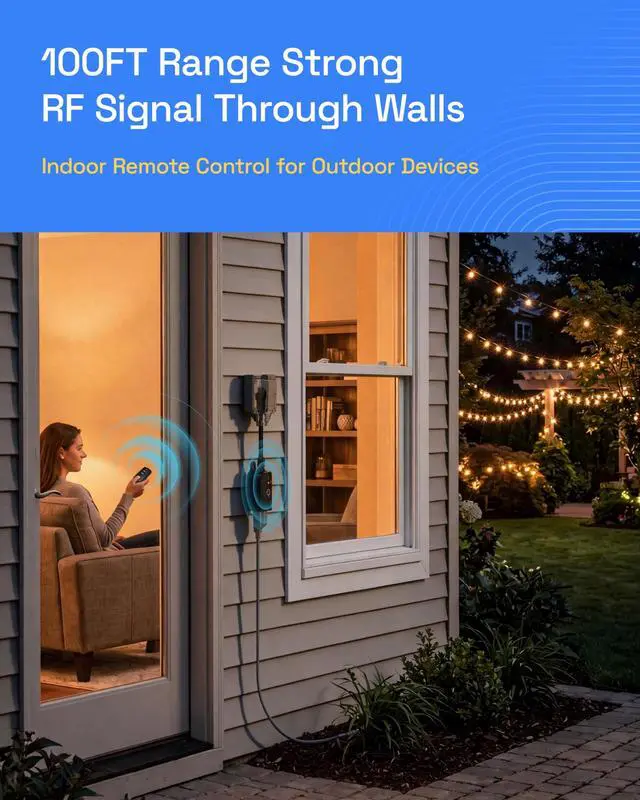 Alt view image 5 of 7 - Outdoor Indoor Wireless Remote Control 3-Prong Outlet Weatherproof Heavy Duty 15 A Compact 1 Remote 1 Outlet with Remote 6-inch Cord 100ft Range ETL Listed (Battery Included)