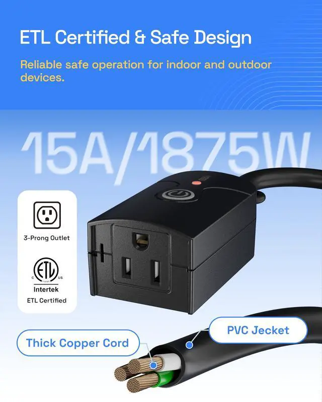 Alt view image 3 of 7 - Outdoor Indoor Wireless Remote Control 3-Prong Outlet Weatherproof Heavy Duty 15 A Compact 1 Remote 1 Outlet with Remote 6-inch Cord 100ft Range ETL Listed (Battery Included)