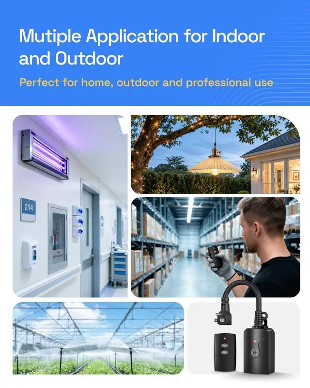 Alt view image 7 of 7 - Outdoor Indoor Wireless Remote Control 3-Prong Outlet Weatherproof Heavy Duty 15 A Compact 1 Remote 1 Outlet with Remote 6-inch Cord 100ft Range ETL Listed (Battery Included)