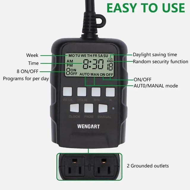 Alt view image 2 of 7 - Outdoor Digital Timer,7 Day Programmable,Dual Outlet 125VAC 1875W,Weatherproof,Heavy Duty Work for Lamps Ponds Christmas Lights,ETL Listed,Black