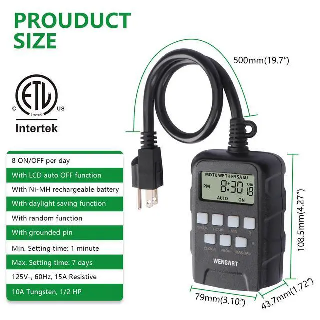 Alt view image 5 of 7 - Outdoor Digital Timer,7 Day Programmable,Dual Outlet 125VAC 1875W,Weatherproof,Heavy Duty Work for Lamps Ponds Christmas Lights,ETL Listed,Black