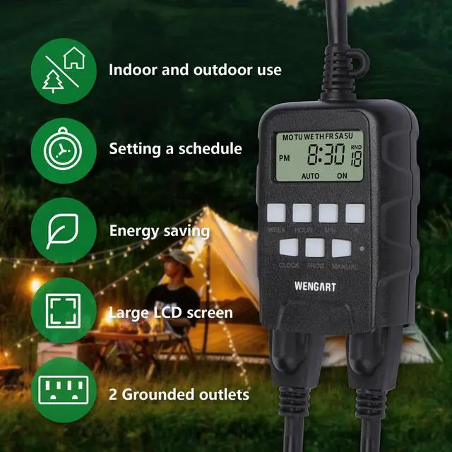 Alt view image 7 of 7 - Outdoor Digital Timer,7 Day Programmable,Dual Outlet 125VAC 1875W,Weatherproof,Heavy Duty Work for Lamps Ponds Christmas Lights,ETL Listed,Black