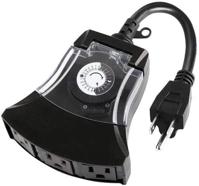 Main image of Outdoor Timer Outlet Waterproof, 24 Hour Mechanical Timer Outlet for Home and Garden, 3 Grounded, 15A 3/4HP, Black, 1 Pack