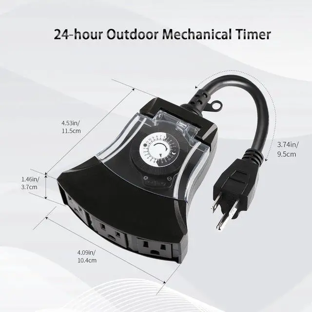 Alt view image 3 of 7 - Outdoor Timer Outlet Waterproof, 24 Hour Mechanical Timer Outlet for Home and Garden, 3 Grounded, 15A 3/4HP, Black, 1 Pack