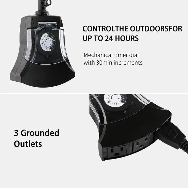 Alt view image 2 of 7 - Outdoor Timer Outlet Waterproof, 24 Hour Mechanical Timer Outlet for Home and Garden, 3 Grounded, 15A 3/4HP, Black, 1 Pack