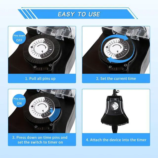 Alt view image 4 of 7 - Outdoor Timer Outlet Waterproof, 24 Hour Mechanical Timer Outlet for Home and Garden, 3 Grounded, 15A 3/4HP, Black, 1 Pack