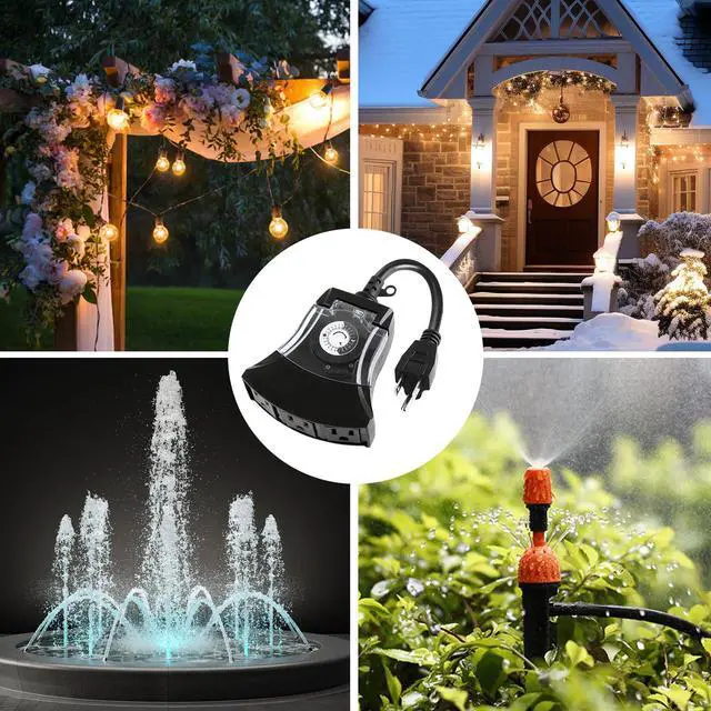 Alt view image 7 of 7 - Outdoor Timer Outlet Waterproof, 24 Hour Mechanical Timer Outlet for Home and Garden, 3 Grounded, 15A 3/4HP, Black, 1 Pack