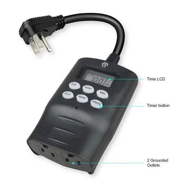 Alt view image 3 of 5 - Outdoor Digital Timer for Lights 7-Day Programmable Plug-in Timer with 2 Grounded Outlets Ideal for Home and Landscape Lighting 15A, 1/2 HP, UL Listed