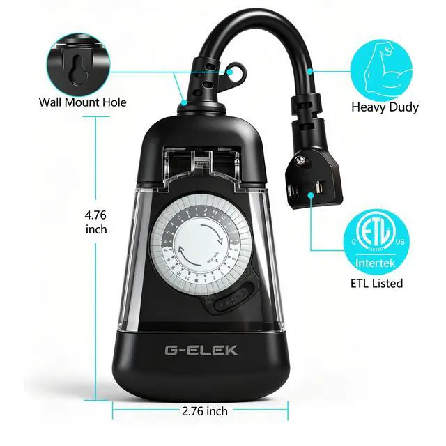 Alt view image 4 of 7 - Mini Compact Outdoor Mechanical Timer Outlet Weatherproof, 24 Hour 30 Minute Interval, 2 Grounded 3 Prong Outlets, Space Saving Waterproof Plug in Timer for Lights Holiday Decor, 15A ETL Listed