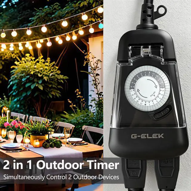 Alt view image 2 of 7 - Mini Compact Outdoor Mechanical Timer Outlet Weatherproof, 24 Hour 30 Minute Interval, 2 Grounded 3 Prong Outlets, Space Saving Waterproof Plug in Timer for Lights Holiday Decor, 15A ETL Listed