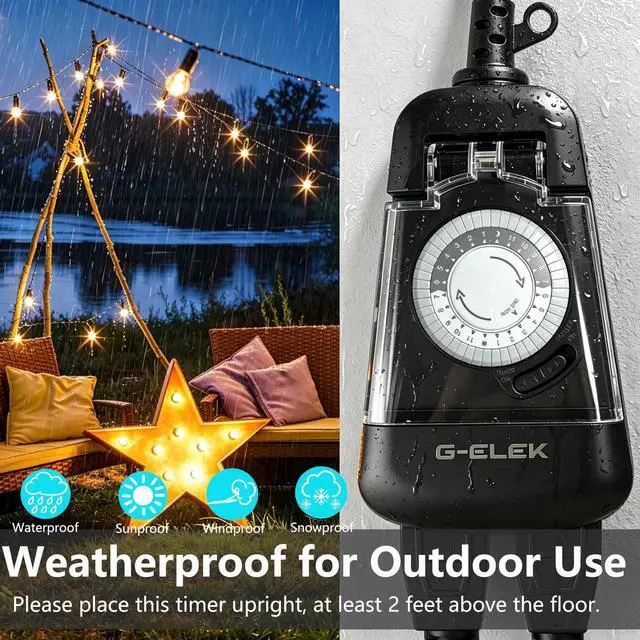 Alt view image 5 of 7 - Mini Compact Outdoor Mechanical Timer Outlet Weatherproof, 24 Hour 30 Minute Interval, 2 Grounded 3 Prong Outlets, Space Saving Waterproof Plug in Timer for Lights Holiday Decor, 15A ETL Listed