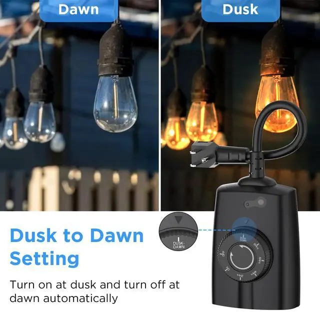 Alt view image 3 of 6 - Outdoor Timer Outlet Waterproof, 24 Hour Outdoor Light Timer, Timers for Electrical Outlets, Ideal for Pool Pump, Christmas Lights, Heavy Duty, Grounded Outlets (Dusk to Dawn Sensor, 1 Pack)
