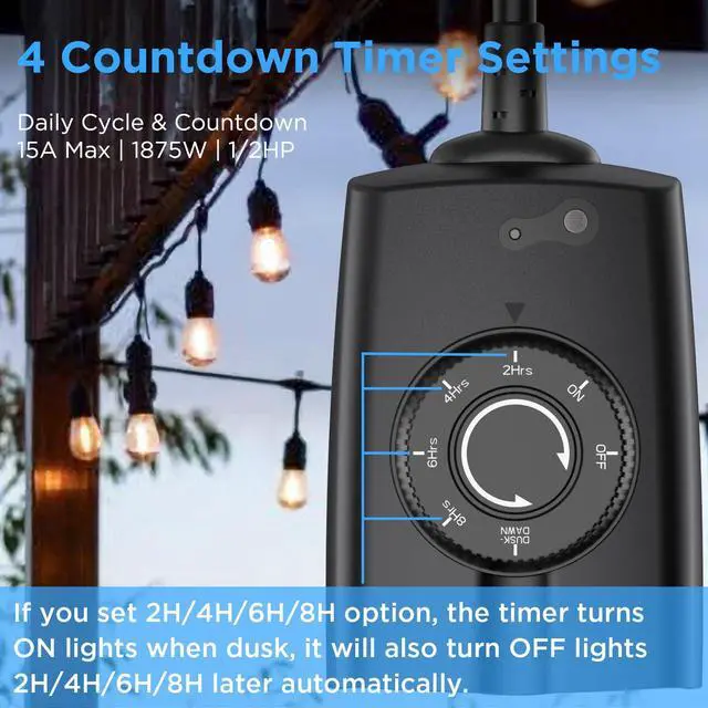 Alt view image 4 of 6 - Outdoor Timer Outlet Waterproof, 24 Hour Outdoor Light Timer, Timers for Electrical Outlets, Ideal for Pool Pump, Christmas Lights, Heavy Duty, Grounded Outlets (Dusk to Dawn Sensor, 1 Pack)
