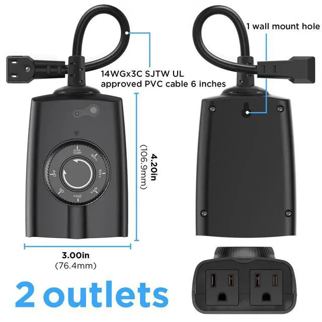 Alt view image 6 of 6 - Outdoor Timer Outlet Waterproof, 24 Hour Outdoor Light Timer, Timers for Electrical Outlets, Ideal for Pool Pump, Christmas Lights, Heavy Duty, Grounded Outlets (Dusk to Dawn Sensor, 1 Pack)