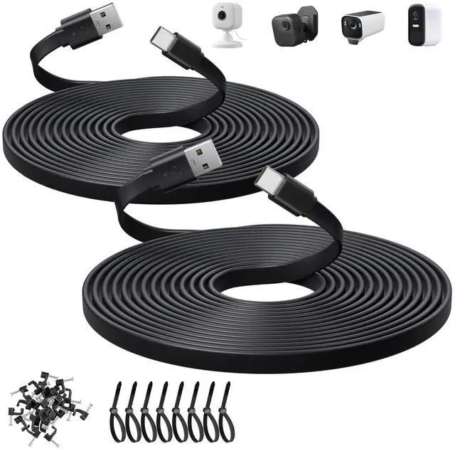 Main image of 2 Pack 10ft/3M Flat USB C Cable, USB A to USB C Charging Power Cord for Blink Mini 2/Outdoor 4, Ring Pan-Tilt Indoor Cam, eufy Cam S3 Pro, SoloCam S340/S350/S220/C210, and More CCTV Cam-Black