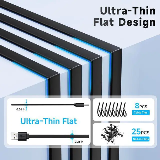Alt view image 2 of 7 - 2 Pack 10ft/3M Flat USB C Cable, USB A to USB C Charging Power Cord for Blink Mini 2/Outdoor 4, Ring Pan-Tilt Indoor Cam, eufy Cam S3 Pro, SoloCam S340/S350/S220/C210, and More CCTV Cam-Black