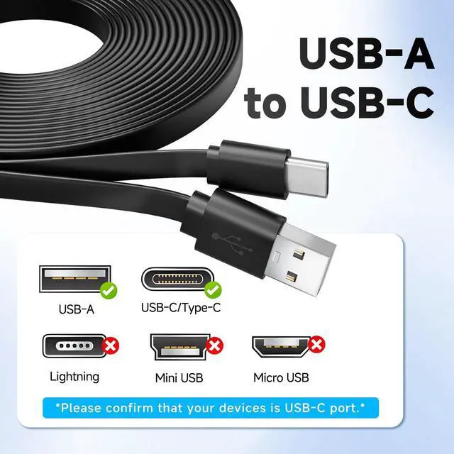 Alt view image 3 of 7 - 2 Pack 10ft/3M Flat USB C Cable, USB A to USB C Charging Power Cord for Blink Mini 2/Outdoor 4, Ring Pan-Tilt Indoor Cam, eufy Cam S3 Pro, SoloCam S340/S350/S220/C210, and More CCTV Cam-Black