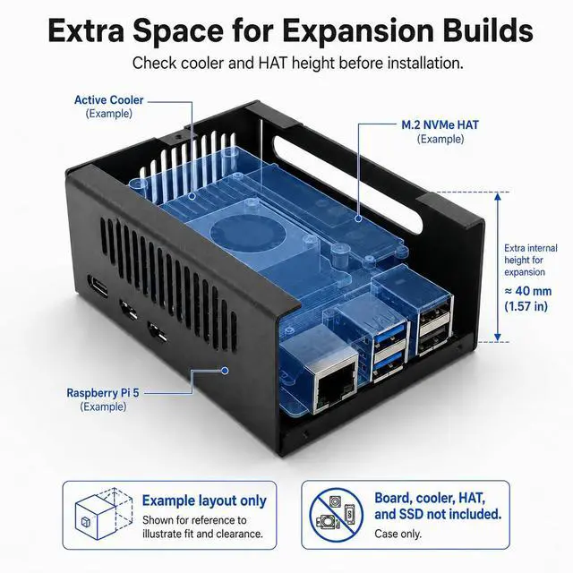 Alt view image 3 of 7 - Metal Case Compatible with Raspberry Pi 5, Aluminum Pi 5 Case with Space for Active Cooler, M.2 NVMe HAT & POE HAT, GPIO Side Access, Vented Enclosure (Only Include Case)