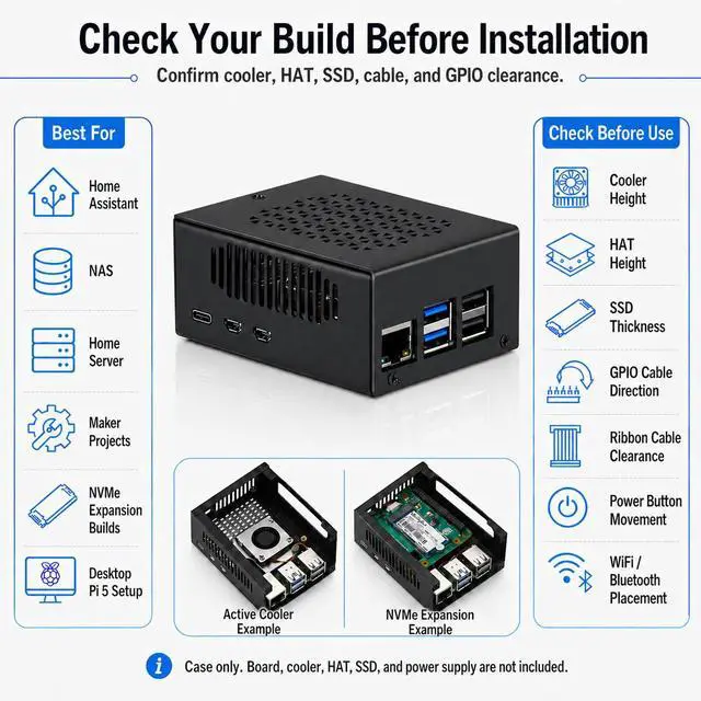 Alt view image 4 of 7 - Metal Case Compatible with Raspberry Pi 5, Aluminum Pi 5 Case with Space for Active Cooler, M.2 NVMe HAT & POE HAT, GPIO Side Access, Vented Enclosure (Only Include Case)