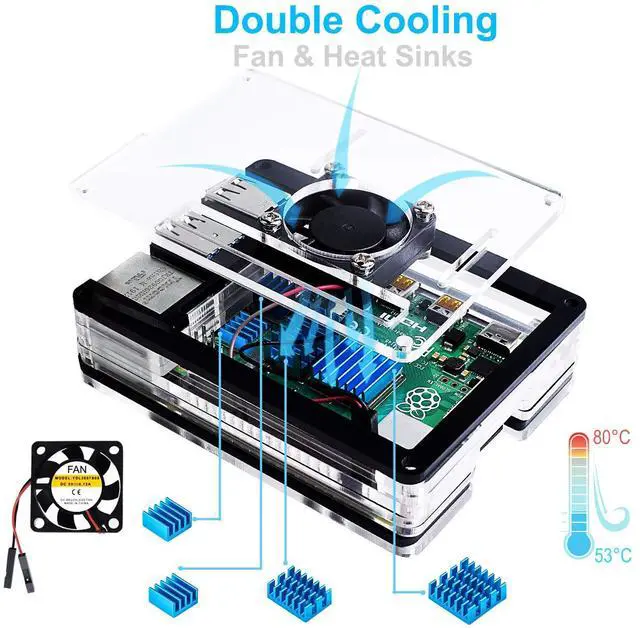 Alt view image 4 of 7 - Case for Raspberry Pi 4 with Fan, USB-C Power Supply, Micro HDMI Cable, HDMI Adapter, Aluminum Heat Sinks, USB Card Reader