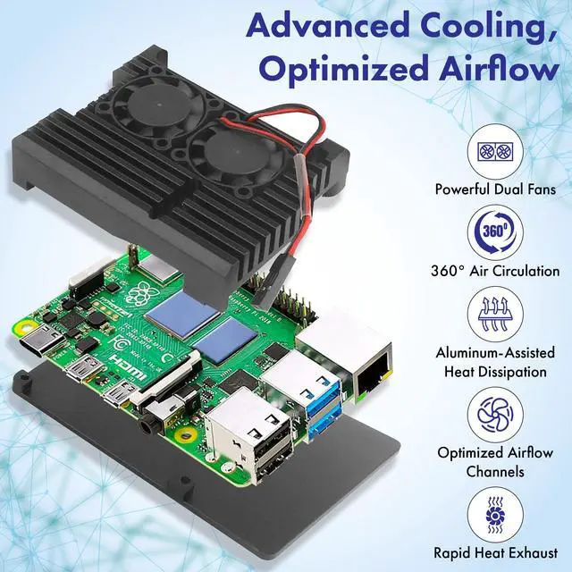 Alt view image 2 of 5 - Raspberry Pi 5 Active Cooler - Dual Fan Aluminum Heatsink Case with Pre-Cut Thermal Pads, PWM Fan Control via Pi 5 Header, Open-Air Cooling for Overclocking & 24/7 Use, GPIO Access