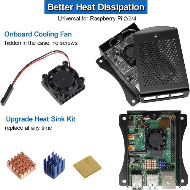 Alt view image 3 of 7 - for Raspberry Pi 4 Metal Case Aluminium Case Protective Shell Box Wall Mounted Enclosure with Dual Cooling Fan Heat Sink for Raspberry Pi 4 Model B RPi 4B Black