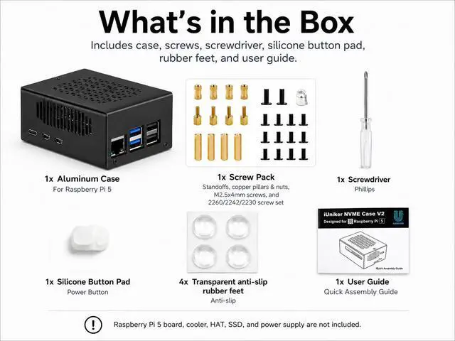 Alt view image 2 of 7 - Metal Case Compatible with Raspberry Pi 5, Aluminum Pi 5 Case with Space for Active Cooler, M.2 NVMe HAT & POE HAT, GPIO Side Access, Vented Enclosure (Only Include Case)