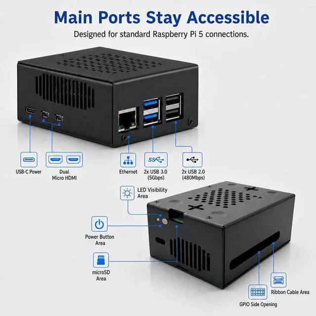 Alt view image 7 of 7 - Metal Case Compatible with Raspberry Pi 5, Aluminum Pi 5 Case with Space for Active Cooler, M.2 NVMe HAT & POE HAT, GPIO Side Access, Vented Enclosure (Only Include Case)