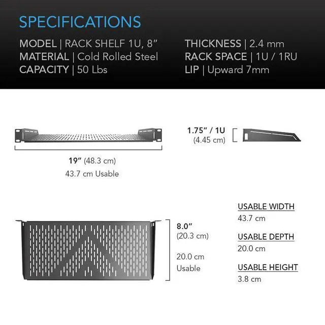 Alt view image 6 of 6 - Vented Cantilever 1U Universal Rack Shelf, 8" Deep, for 19" Equipment Racks. Heavy-Duty 2.4mm Cold Rolled Steel, 50lbs Capacity
