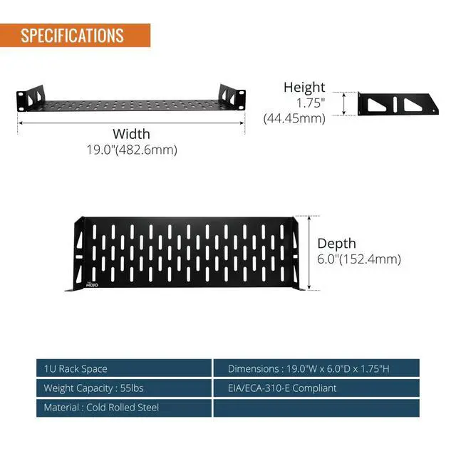 Alt view image 2 of 7 - 1U Rack Shelf,19 inch Rack Shelf 6 inch Depth,Rack Mount Shelf with Anti-Slip Stops,Server Rack Shelf and Network Shelf for 19 in Equipments, 55lbs Capacity of Vented 1U Shelf,No Lip(2 Pack)