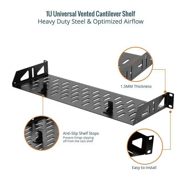 Alt view image 3 of 7 - 1U Rack Shelf,19 inch Rack Shelf 6 inch Depth,Rack Mount Shelf with Anti-Slip Stops,Server Rack Shelf and Network Shelf for 19 in Equipments, 55lbs Capacity of Vented 1U Shelf,No Lip(2 Pack)
