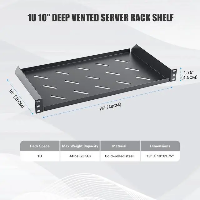 Alt view image 2 of 6 - 1U Server Rack Shelf, 10" Mounting Depth, Vented Rack Mount Shelf Cantilever Tray for 19" Equipment Racks and Cabinet, Weight Capacity 44lb, Black, 2PCS