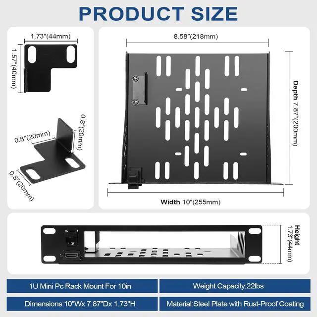 Alt view image 3 of 7 - 10inch 1U Mini PC Rack Mount Shelf Compatible with Dell Micro OptiPlex MFF Lenovo ThinkCentre and HP Desktop Mini with RJ45 CAT6 Port & HDMI Port