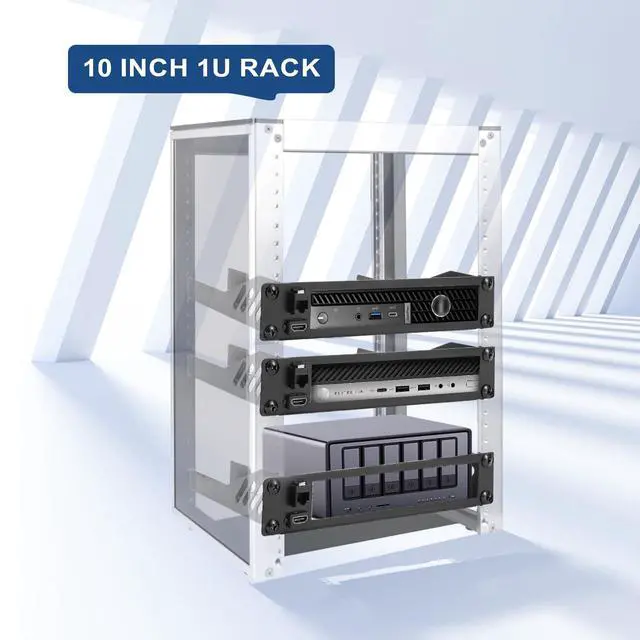 Alt view image 7 of 7 - 10inch 1U Mini PC Rack Mount Shelf Compatible with Dell Micro OptiPlex MFF Lenovo ThinkCentre and HP Desktop Mini with RJ45 CAT6 Port & HDMI Port