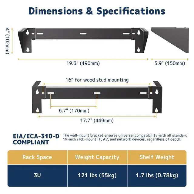 Alt view image 4 of 7 - 3U Vertical Wall Mount Rack - 19" Steel Wall & Under-Desk Bracket for Server, Network Switch, or Patch Panel, Supports up to 121lbs, for Cabinet or Server Room, JHSVR-3U
