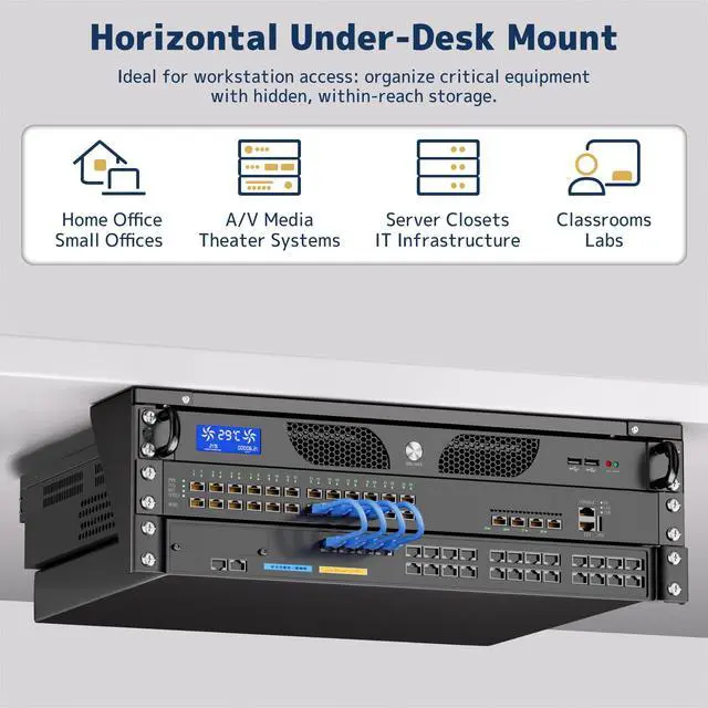 Alt view image 3 of 7 - 3U Vertical Wall Mount Rack - 19" Steel Wall & Under-Desk Bracket for Server, Network Switch, or Patch Panel, Supports up to 121lbs, for Cabinet or Server Room, JHSVR-3U