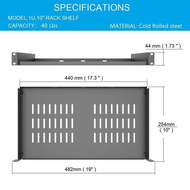 Alt view image 2 of 6 - 1U Universal Server Rack Shelves - 10" Deep, Steel Vented Cantilever Rack Tray for 19" Equipment, Black (10 inch)
