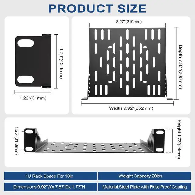 Alt view image 2 of 7 - 1 Pcs 10 inch 1U Server Rack Shelf, Heavy Duty Vented Mount with 7.87" Depth, Enhanced Airflow for Network Equipment & Computer Racks