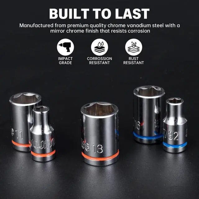 Alt view image 2 of 7 - 20-Piece 1/4" Drive Shallow Socket Set, SAE/Metric (3/16"-9/16" & 5mm-13mm) with Ratchet & Extension Bar, Premium Chrome Vanadium Steel, 6-Point, with Molded Case