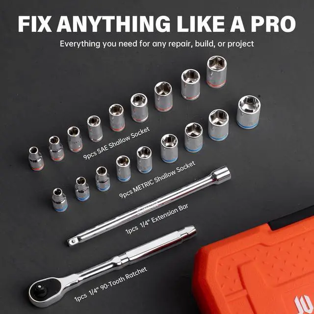 Alt view image 5 of 7 - 20-Piece 1/4" Drive Shallow Socket Set, SAE/Metric (3/16"-9/16" & 5mm-13mm) with Ratchet & Extension Bar, Premium Chrome Vanadium Steel, 6-Point, with Molded Case